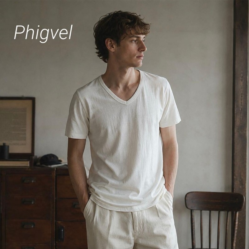 PHIGVEL Men’s V-Neck T-Shirt Size 36 Casual Cotton Top