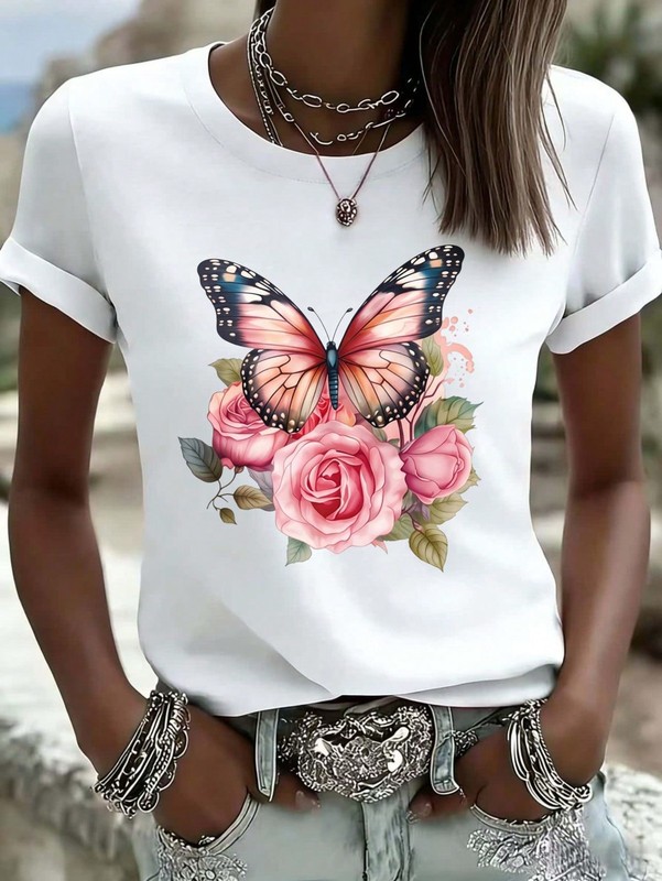 Butterfly And Roses Floral Print Women’s T-Shirt Casual Top Fashion Graphic Tee