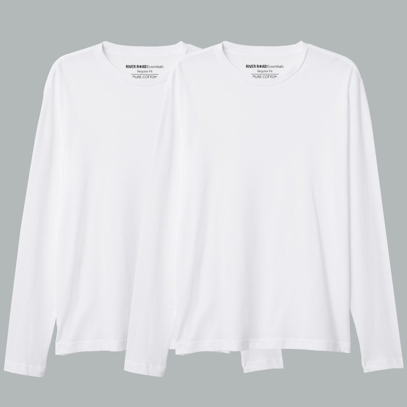 River Road Mens T-Shirt Long Sleeve 2 Pack Crew-Neck 100% Cotton Multipack Tops