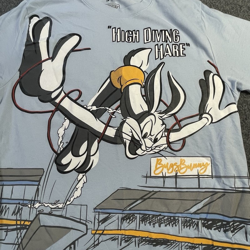 Looney Tunes T-Shirt Mens Medium Blue Bugs Bunny Graphic Print High Dive Diving gallery
