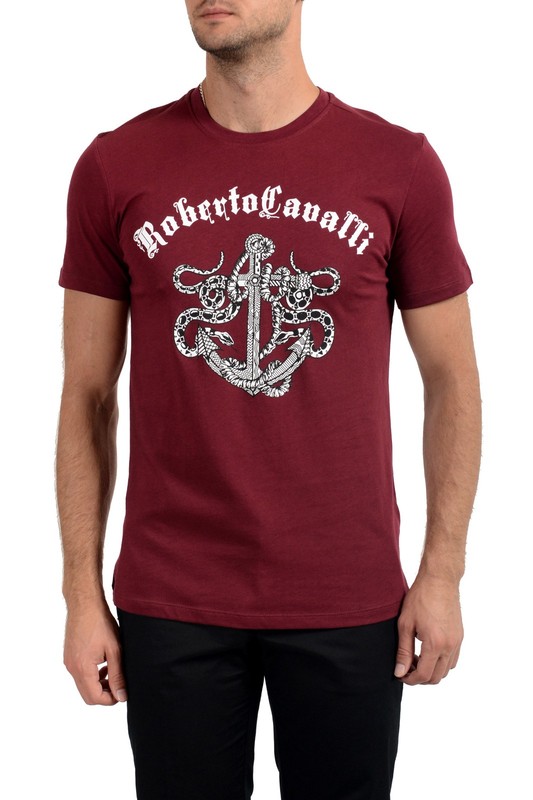 Roberto Cavalli Men’s Burgundy Graphic Print Crewneck T-Shirt US M IT 50