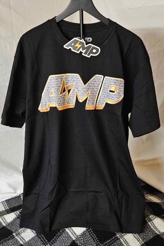 AMP Rhinestone Logo Men’s Black T-Shirt Size 2X