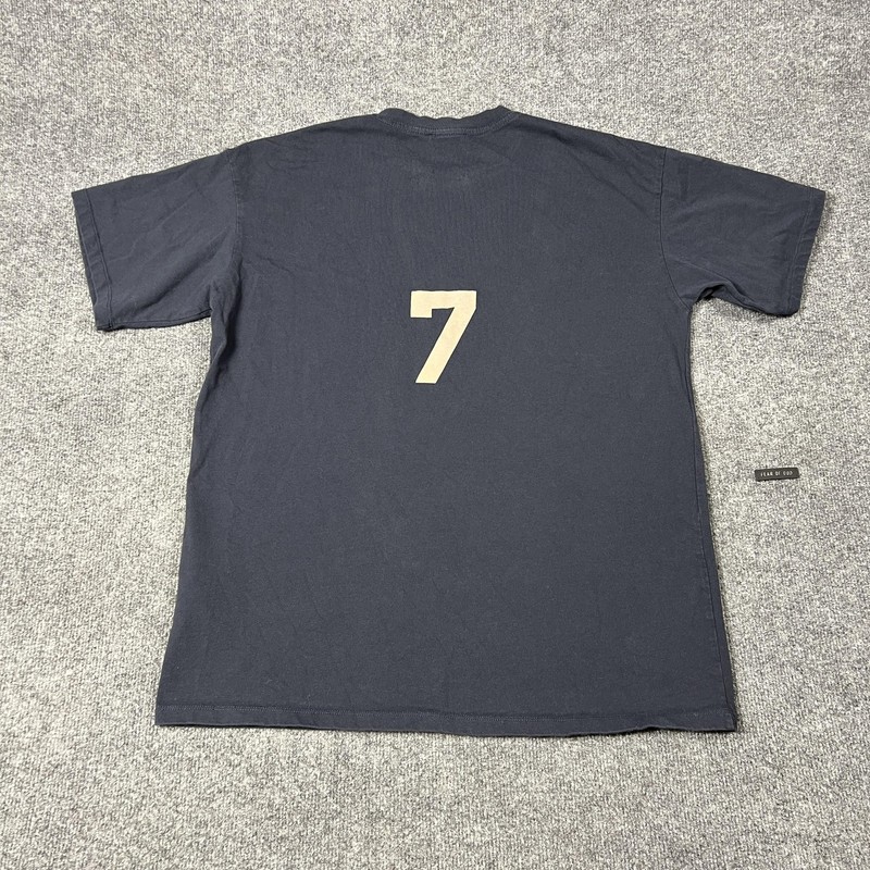 Fear Of God Shirt Mens XL Navy Blue 7 Back Graphic Made USA Cotton Flaw