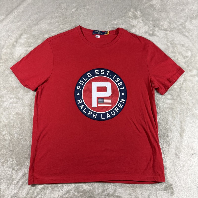 Polo Ralph Lauren Shirt Mens L Red Patch P Flag 1967 USA Preppy Crew Neck EUC