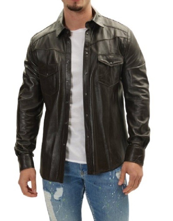 Leather Shirt Jacket Men’s Slim Fit Button Real Lambskin Men Vintage Brown 3