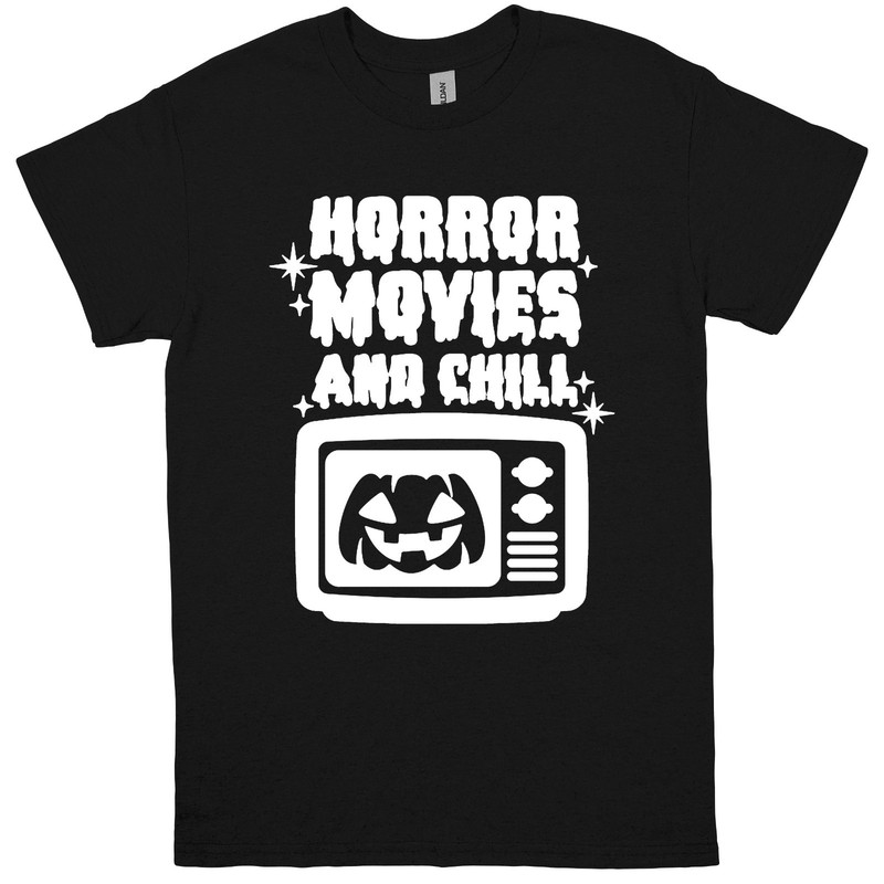 Horror Movies and Chill T Shirt Retro TV Halloween Tee Black Unisex