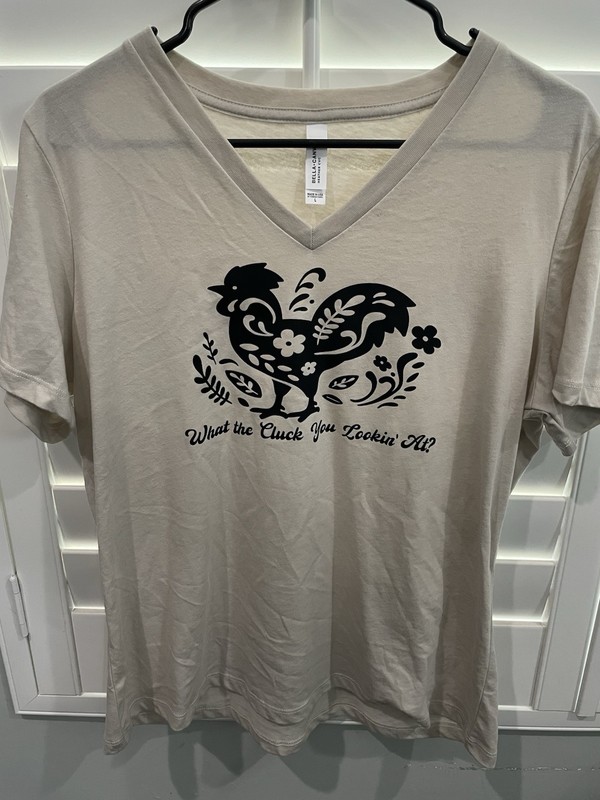 Bella + Canvas Beige Chicken Graphic V-Neck T-Shirt L Short Sleeve