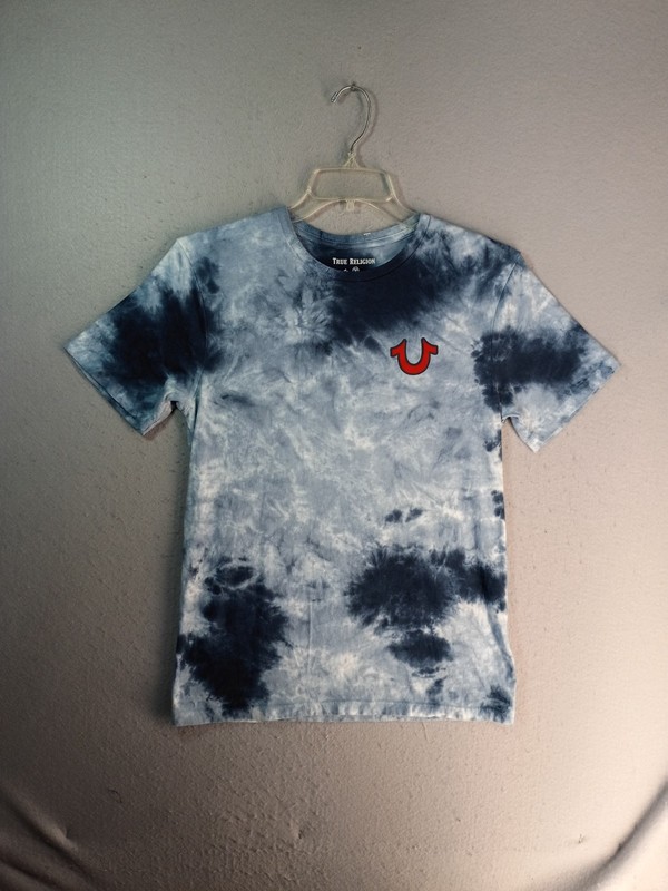 True Religion Buddha Logo Tie Dye Shirt XS Blue Short Sleeve Crewneck Pullover gallery