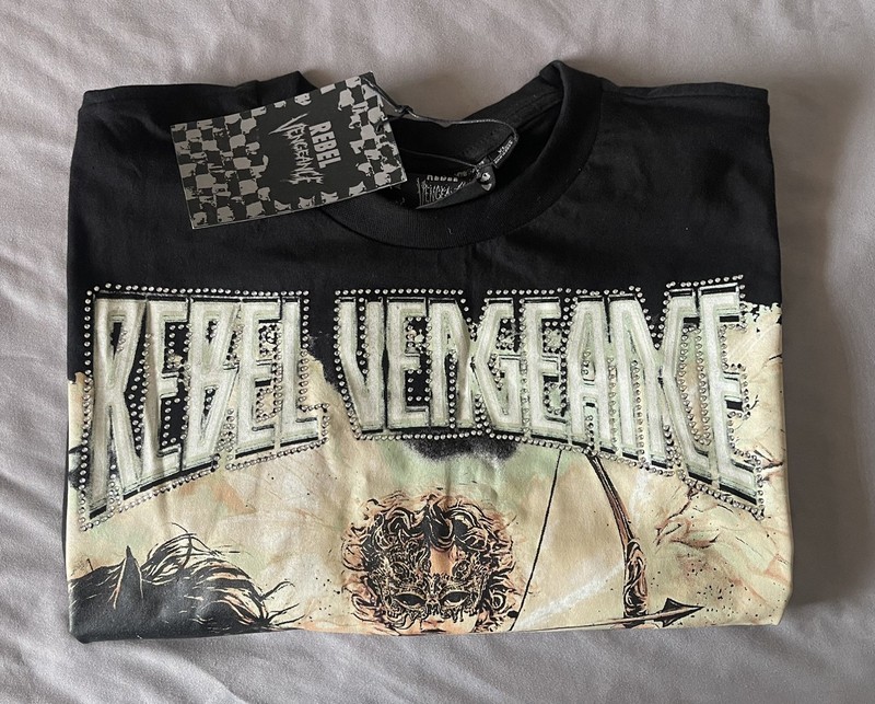 NWT Rebel Vengeance Cherub on Horseback Black Men’s T Shirt Sz XL Embroidered gallery
