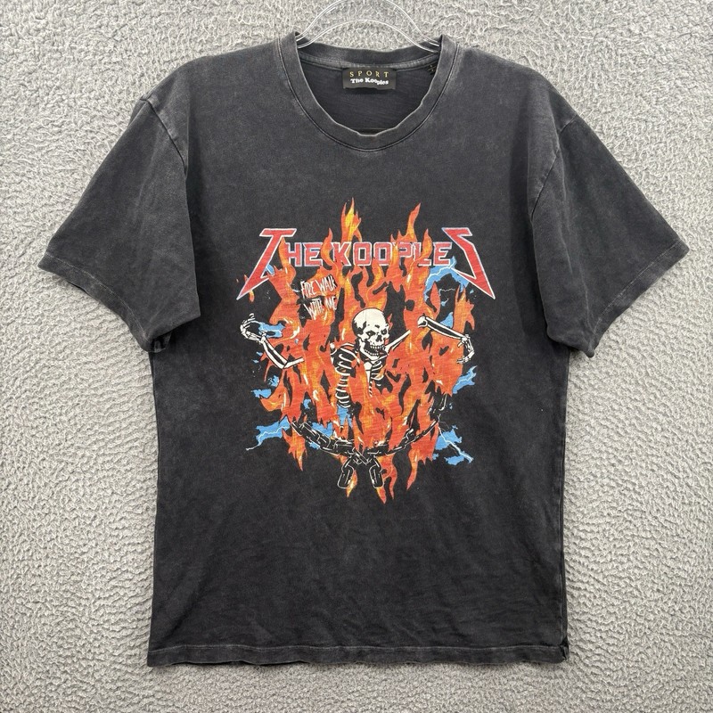 The Kooples Shirt Men Small Black Cotton Crewneck Tee Graphic Logo Fire Skeleton gallery