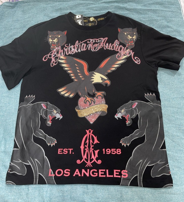 Christian Audigier Men’s Shirt Rhinestone Graphic Logo Black SZ Medium