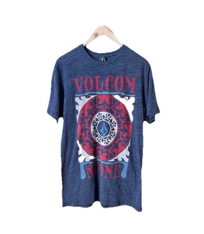 VOLCOM Men’s Large Blue T-Shirt Modern Fit Red Stone Logo Graphic Print Skate