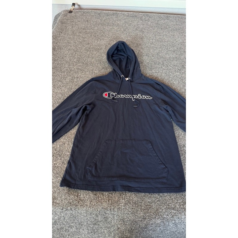 Champion Mens Navy Blue Long Sleeve Script Logo Hooded T-Shirt Size Medium gallery
