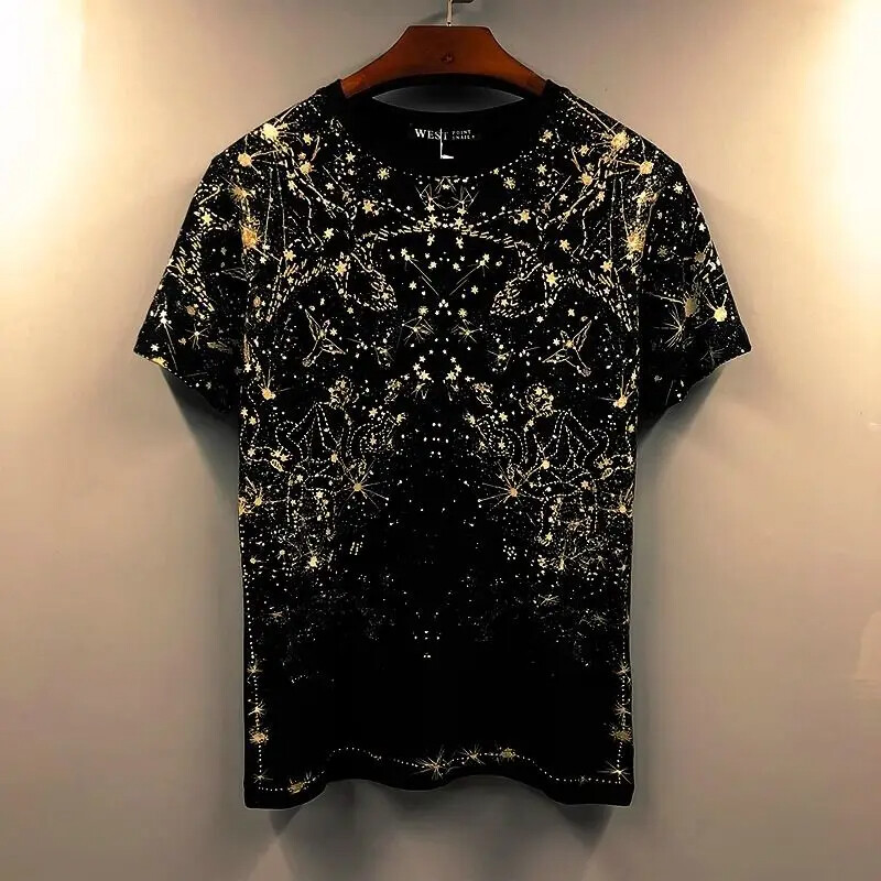 New Fashion Trend Sequined Summer Short Sleeve Luxury Men Black Pullover T-Shirt