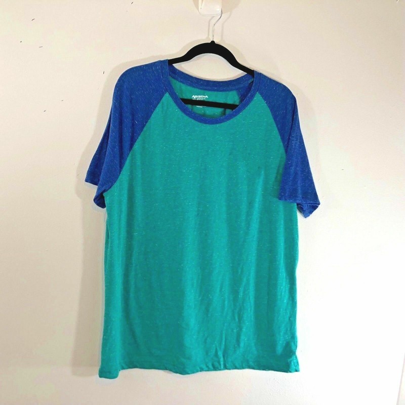 Arizona Jeans Mens 2XL Two Tone Tee Tshirt T Shirt Blue Green Colorblock Jersey