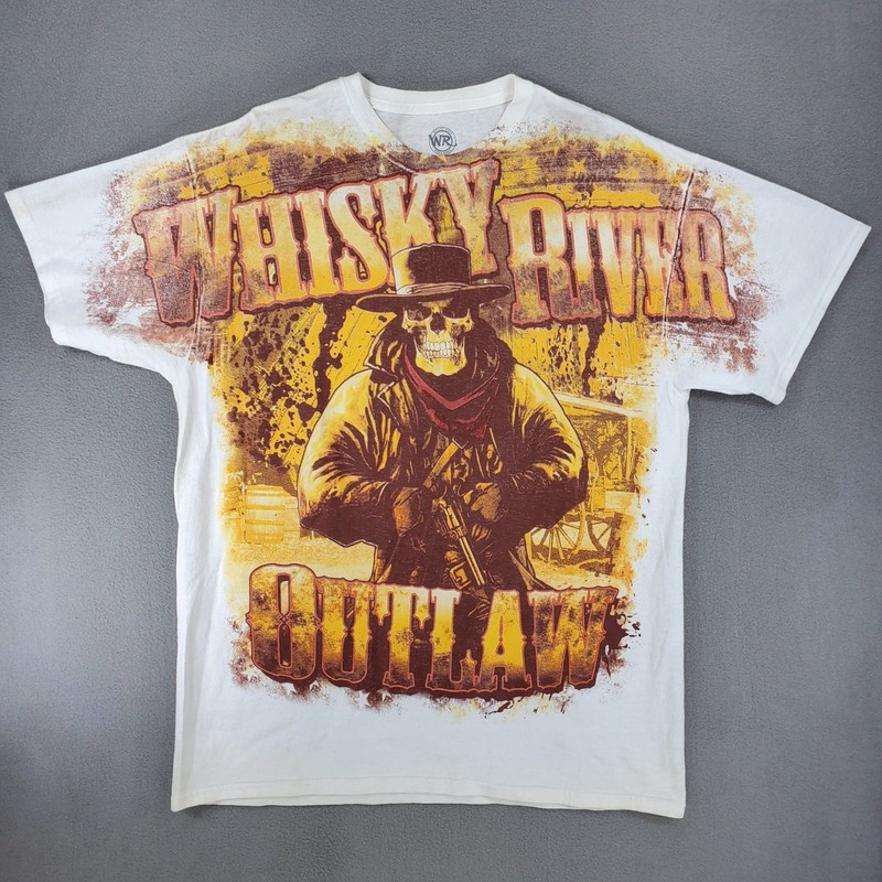 Whisky River T-Shirt L White Outlaw Skull Western Graphic Double Sided All Over