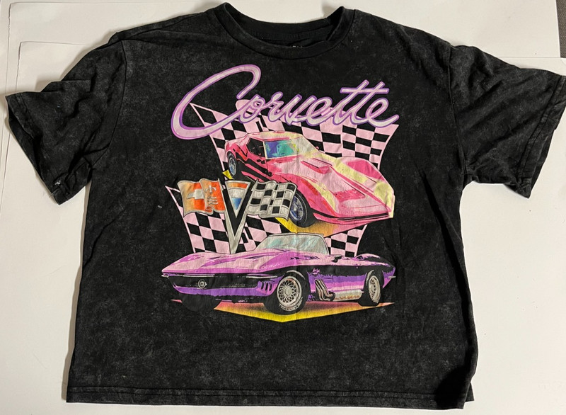 Chemistry Pink & Purple CORVETTE Short Sleeve Black T-Shirt Womens Size M Medium