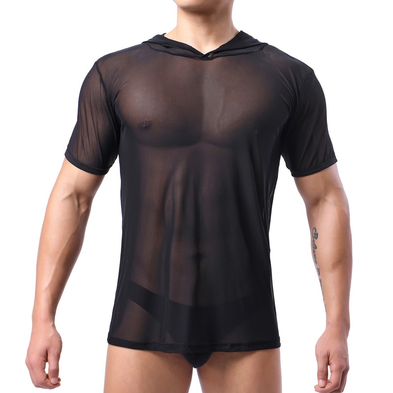 Mens See-through Mesh Hooded T-Shirts Short Sleeve Loose Fit Breathable Gym Tops