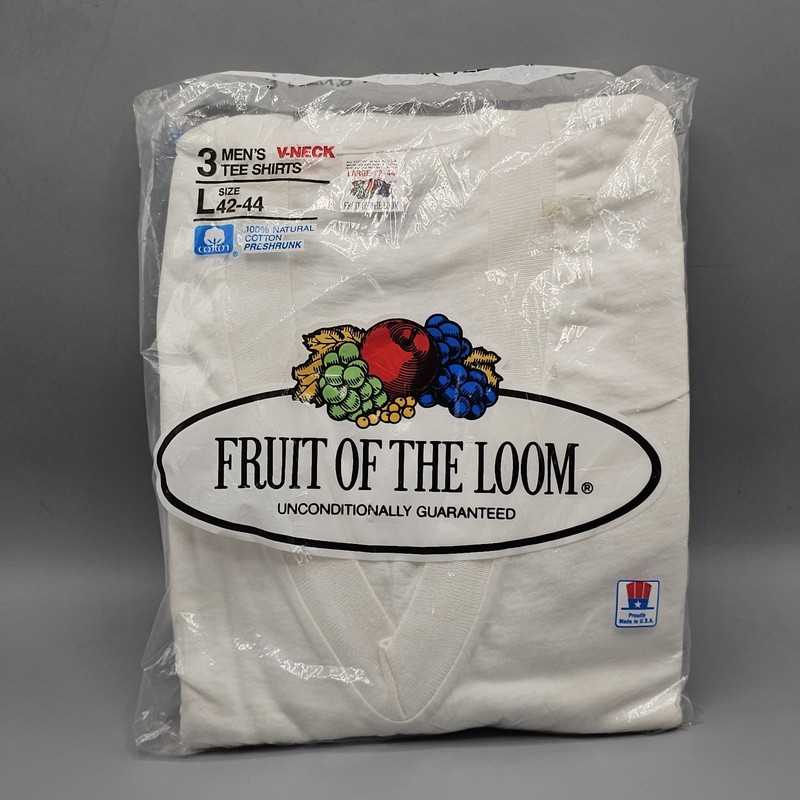 Vintage Fruit Of The Loom V Neck T Shirts Size Large White 3 Pack 80s NOS New