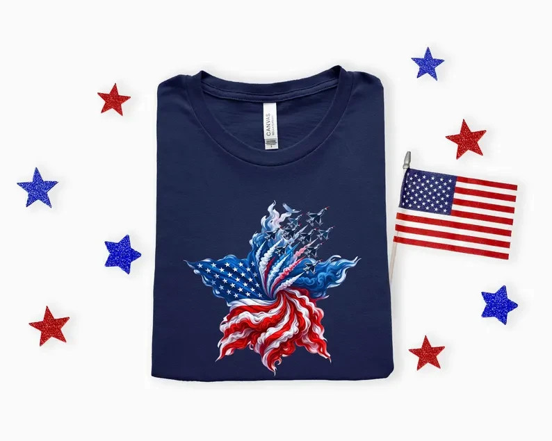 Flag July 4th Tee,Patriotic Fighter Jet Shirt,Red White Blue Airshow T-Shirt gallery