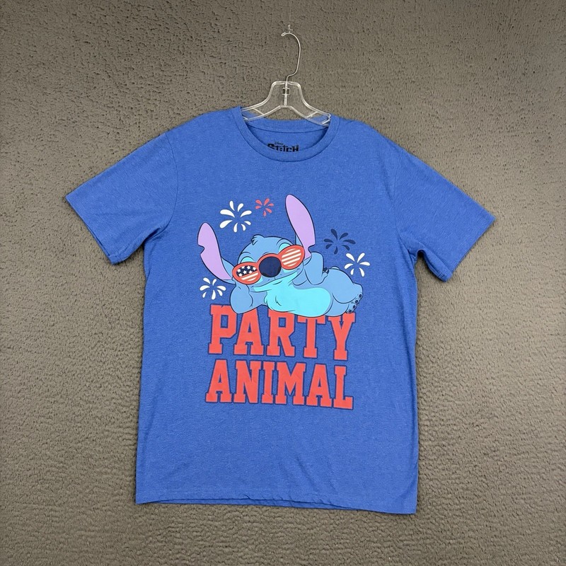 Disney Lilo & Stitch T-Shirt Mens Large Blue Cartoon Flag USA Cotton Blend Dad