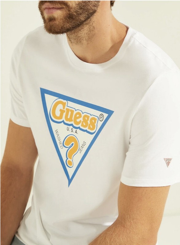 NWT GUESS Sticky/Sticker Triangle Logo Tee T-Shirt Men White Medium M0YI91I3Z00