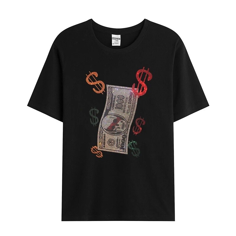 Fashion Trend Dollar Hot Diamonds Rhinestones Black Summer Luxury Men T-Shirt