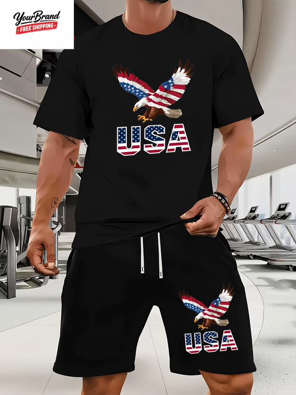 Fashion American Flag Graphic Print T-Shirt Shorts 2-Piece Set Casual Men'S USA gallery