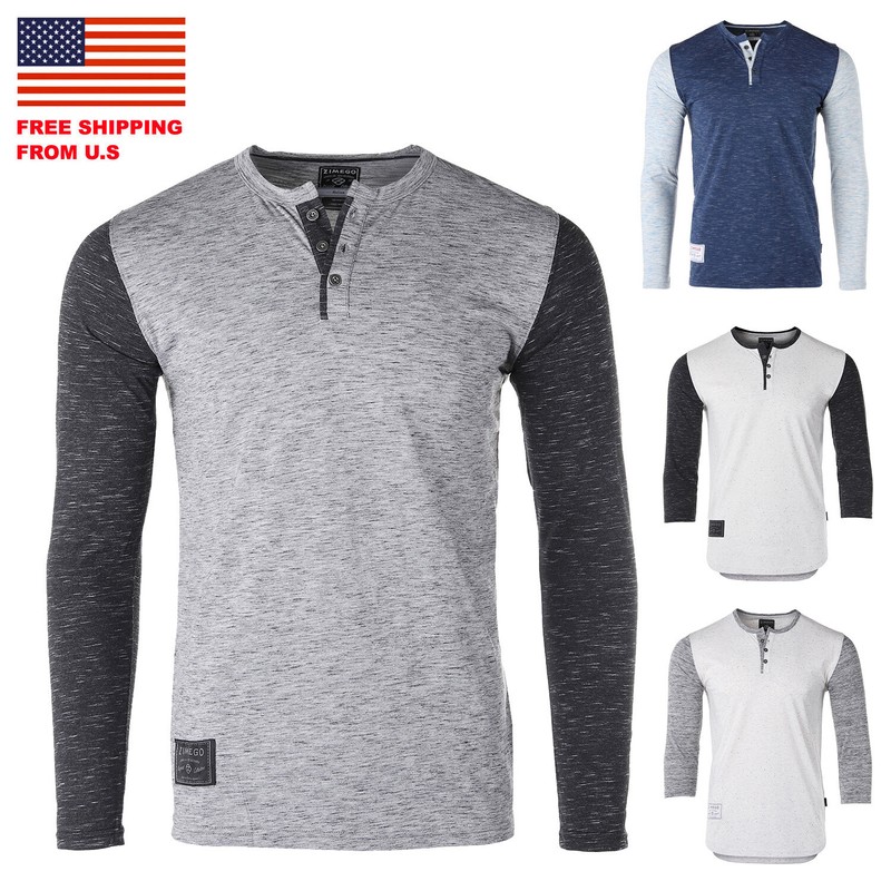 ZIMEGO Mens Contrast 3/4 and Long Sleeve College Button Henley Athletic T Shirt
