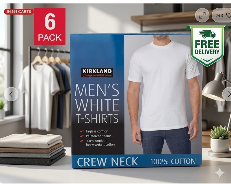 Kirkland Men’s 6-pack White 100% Cotton Crew Neck T-shirt S M L XL XXL 3XL