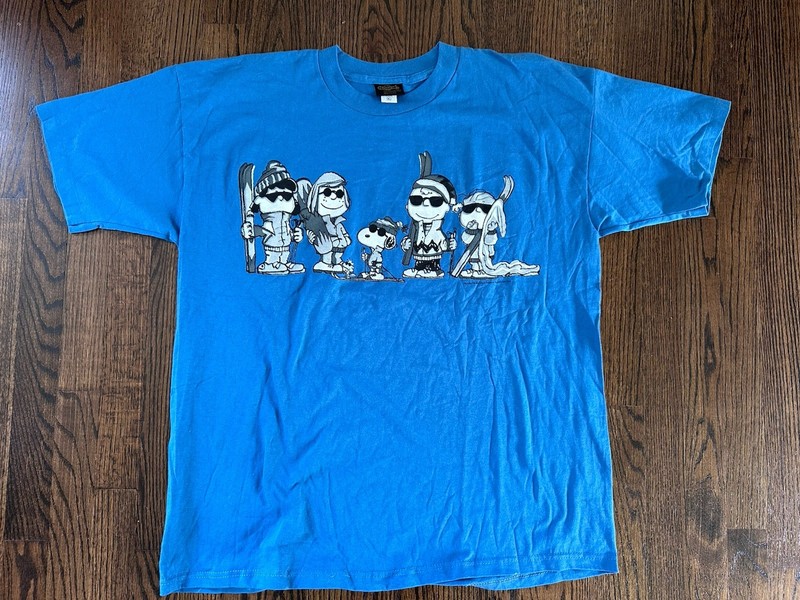 VTG Peanuts Gang Changes T-Shirt XL Blue Ski 10 Character Single Stitch
