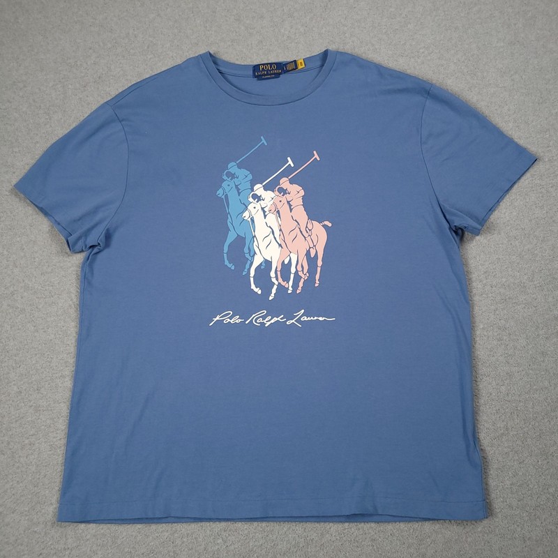 Polo Ralph Lauren Shirt Men Large Blue Triple Big Pony Script Streetwear Preppy