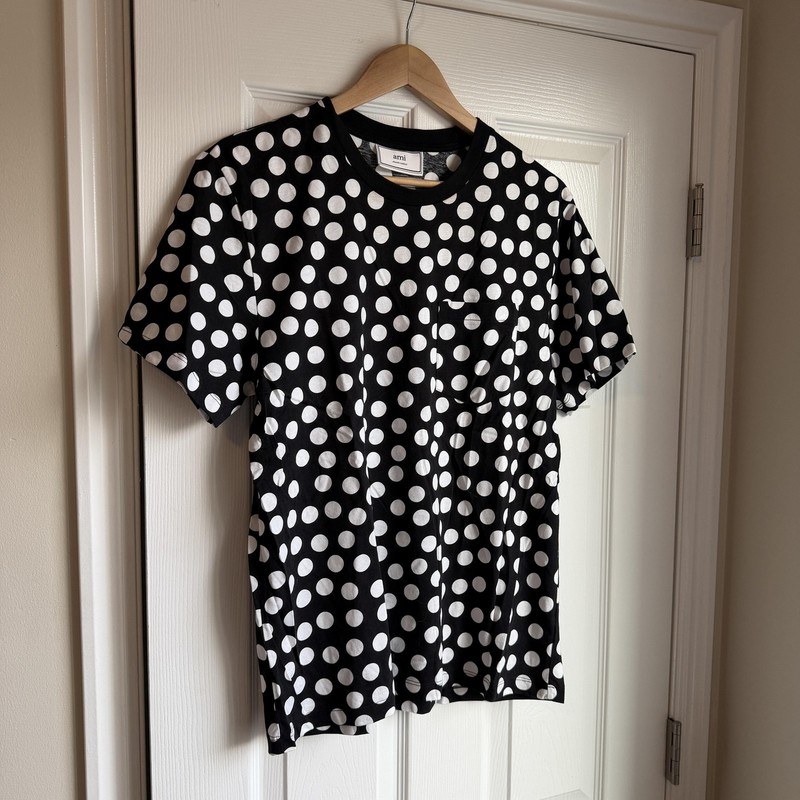 AMI Alexandre Mattiussi Shirt Mens Medium Black White Polka Dot Pocket Tee Logo