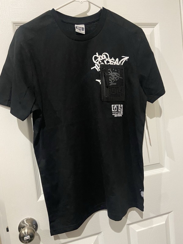 GTLY Men’s M Black Graphic Print Pocket Crew Neck Short Sleeve Jersey T-Shirt