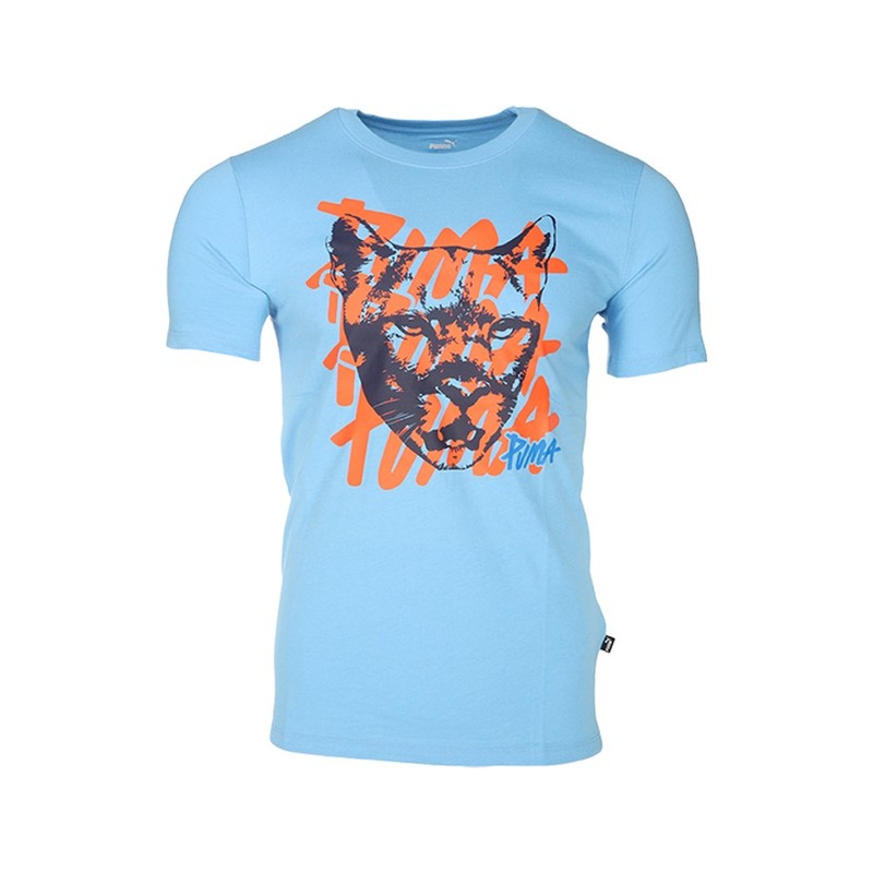 PUMA Graphic Cat Crew Neck Short Sleeve T-Shirt Mens Blue Casual Tops 67917245