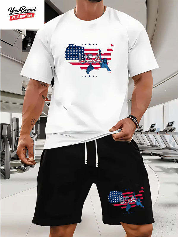 Fashion American Flag Graphic Print T-Shirt Shorts 2-Piece Set Casual Men'S USA gallery