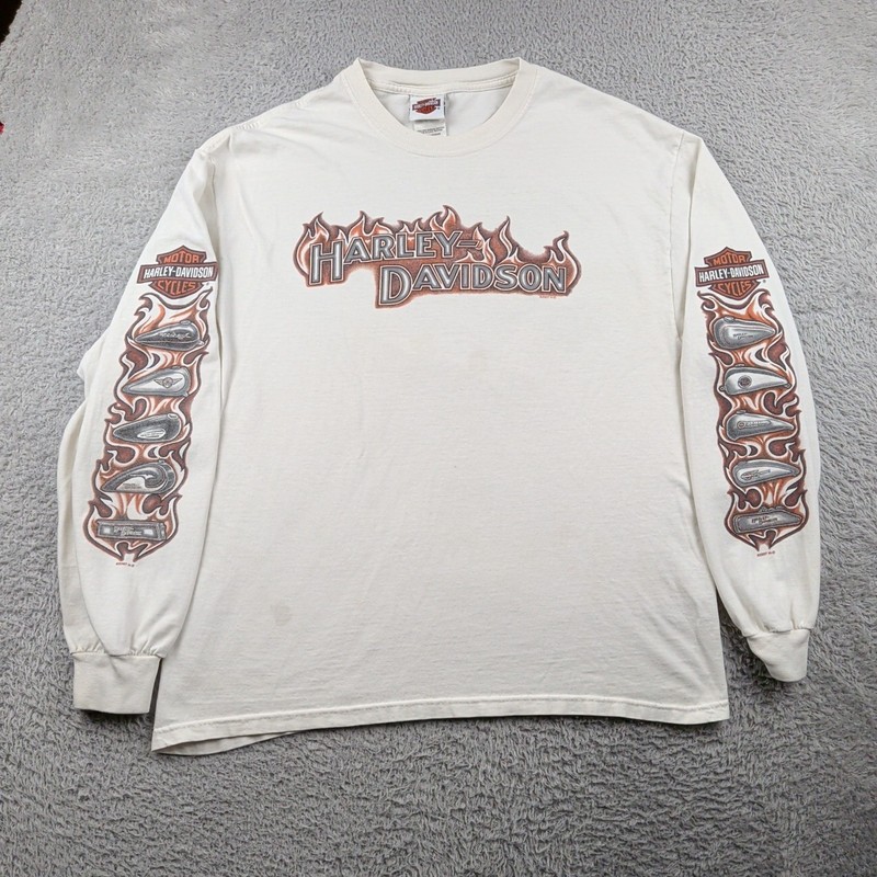 VTG Y2K Harley Davidson T Shirt Mens L White Long Sleeve Flames 2007 Royal Flush