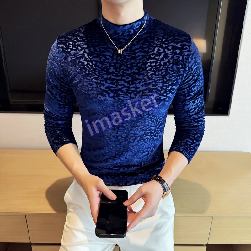 Men Leopard Print Semi High Neck Long Sleeved T-shirt Men Slim Velvet T-shirt gallery