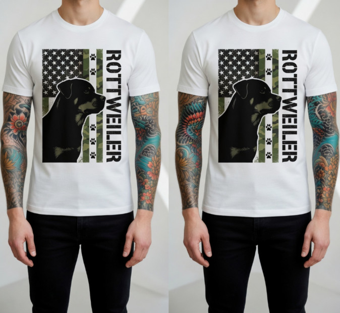 Rottweiler American Flag Camo Dog Silhouette Black T-Shirt Mens Tee