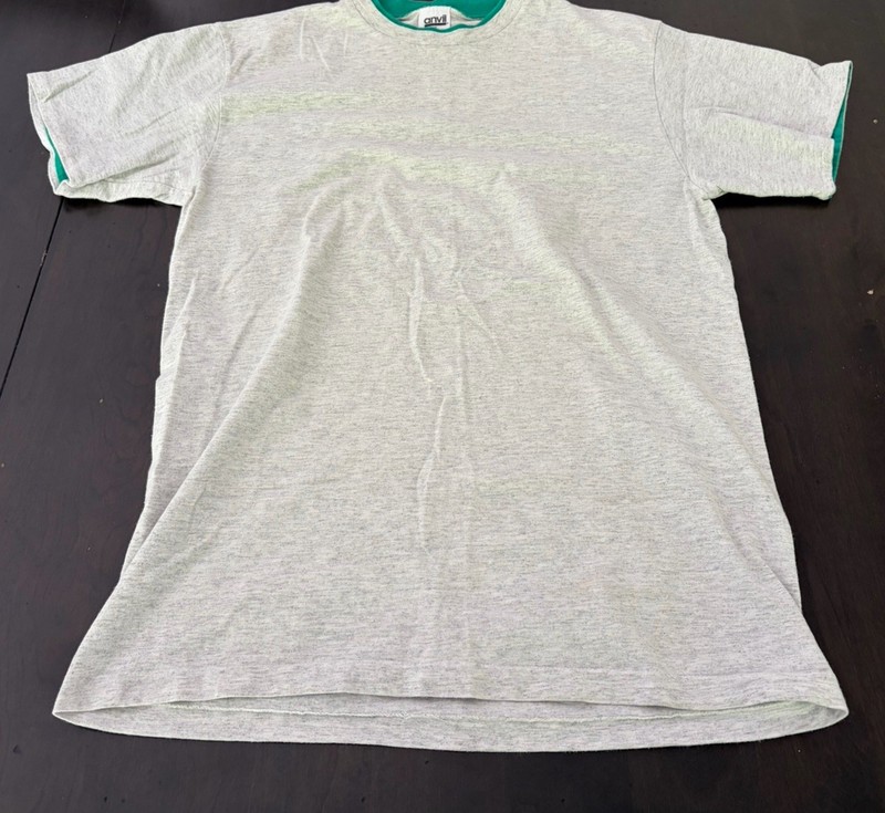 Vintage 90s Anvil Double Collar Gray Teal Made in USA Streetwear L T-Shirt