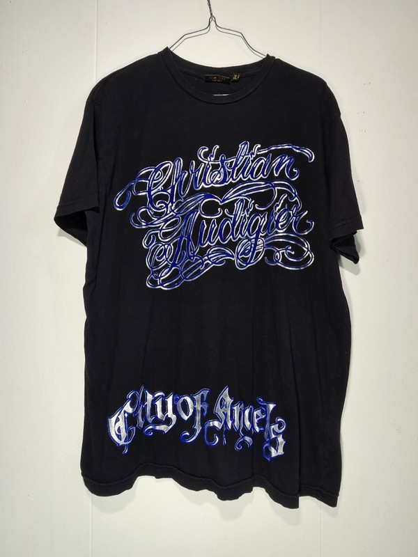 Y2K Christian Audigier Flocked Foiled City Of Angels Script T-shirt Sz XL FLAWS