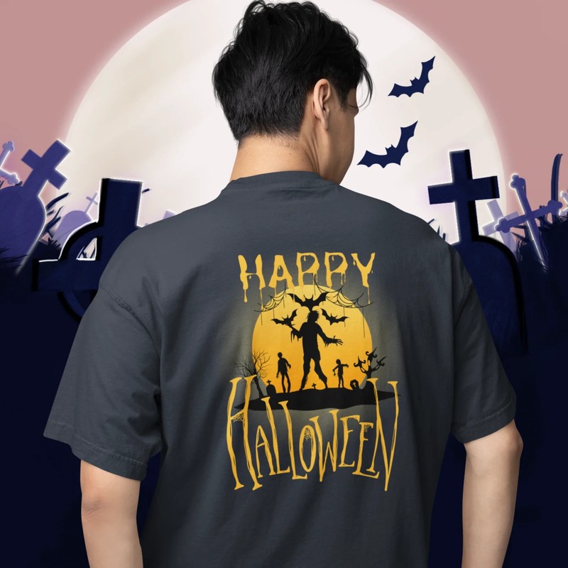 Halloween special back printed oversized round neck t shirt for Men gallery