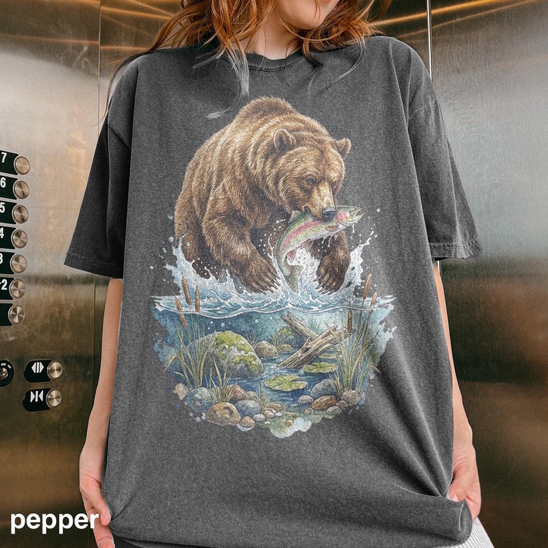 Vintage Bear Fishing Shirt, Grizzly Catching Fish Graphic Tee