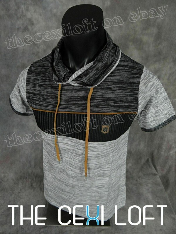 Mens Big Collar T-Shirt Grey Faux Leather Crest SLIM FIT Designer Short Sleeve