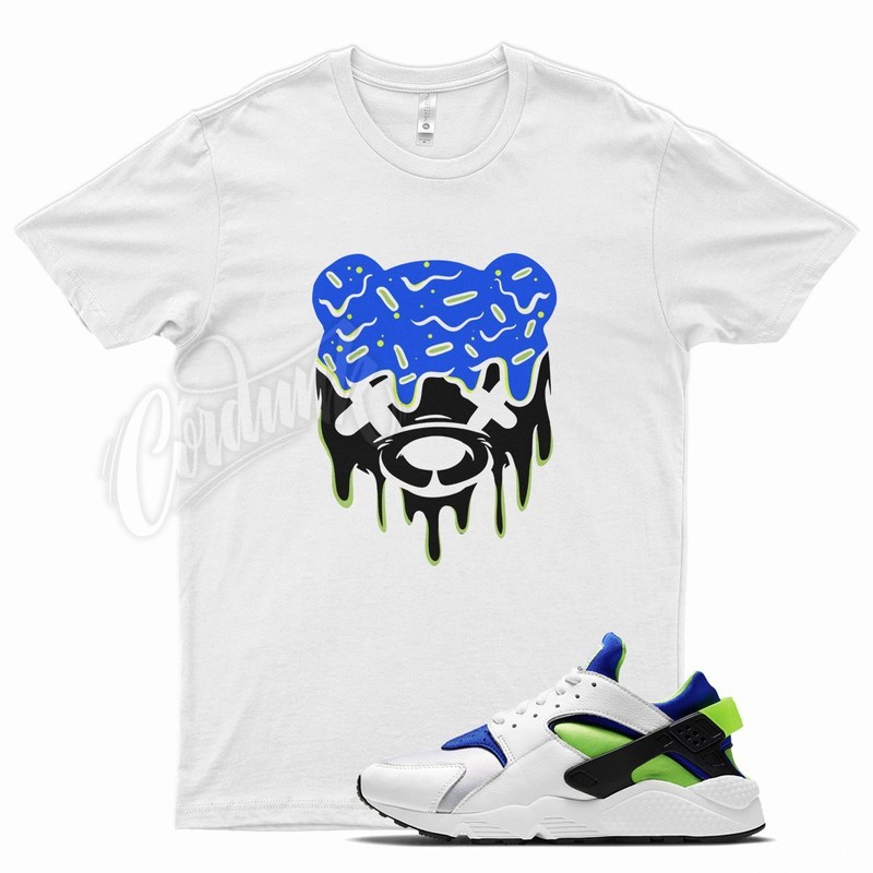 White DRIPPY T Shirt for N Air Huarache Scream Green Royal Blue Black
