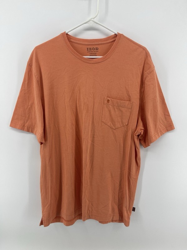 IZOD Luxury Sport Vintage T Shirt Men Size Large Orange Pocket Logo Short Sleeve