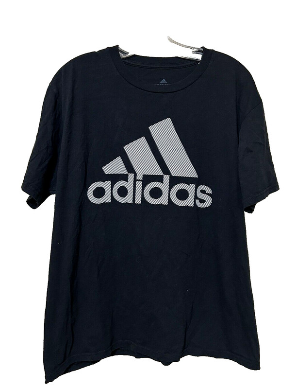 Adidas Badge of Sport Tee Mens T-Shirt Black Logo White Pinstriped Size L