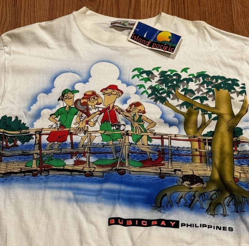 Vintage 90s Philippines AOP Nature Caricature Cartoon Tee Shirt L Tennis Turtle gallery