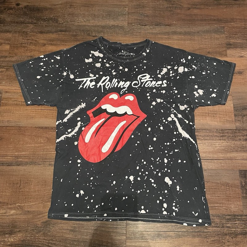 The Rolling Stones Shirt Large Black Bleach Splatter Acid Wash Tongue Graphic