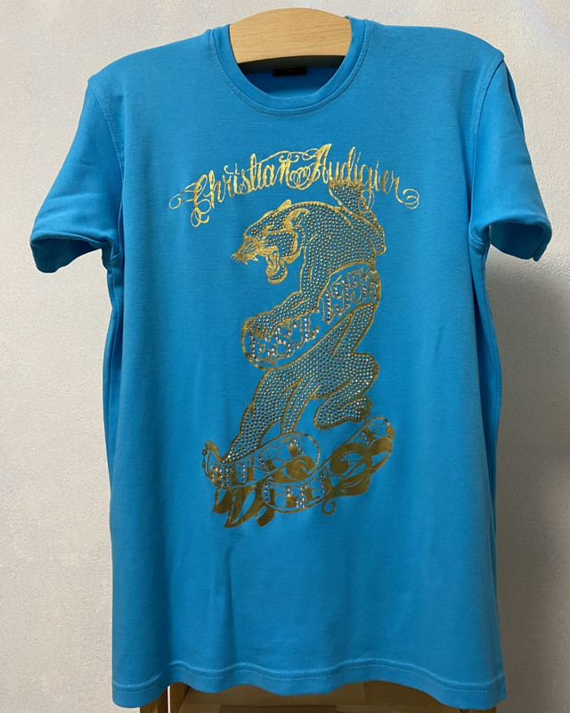 Christian Audigier XL Blue Graphic T-Shirt Gold Panther Rhinestone Logo